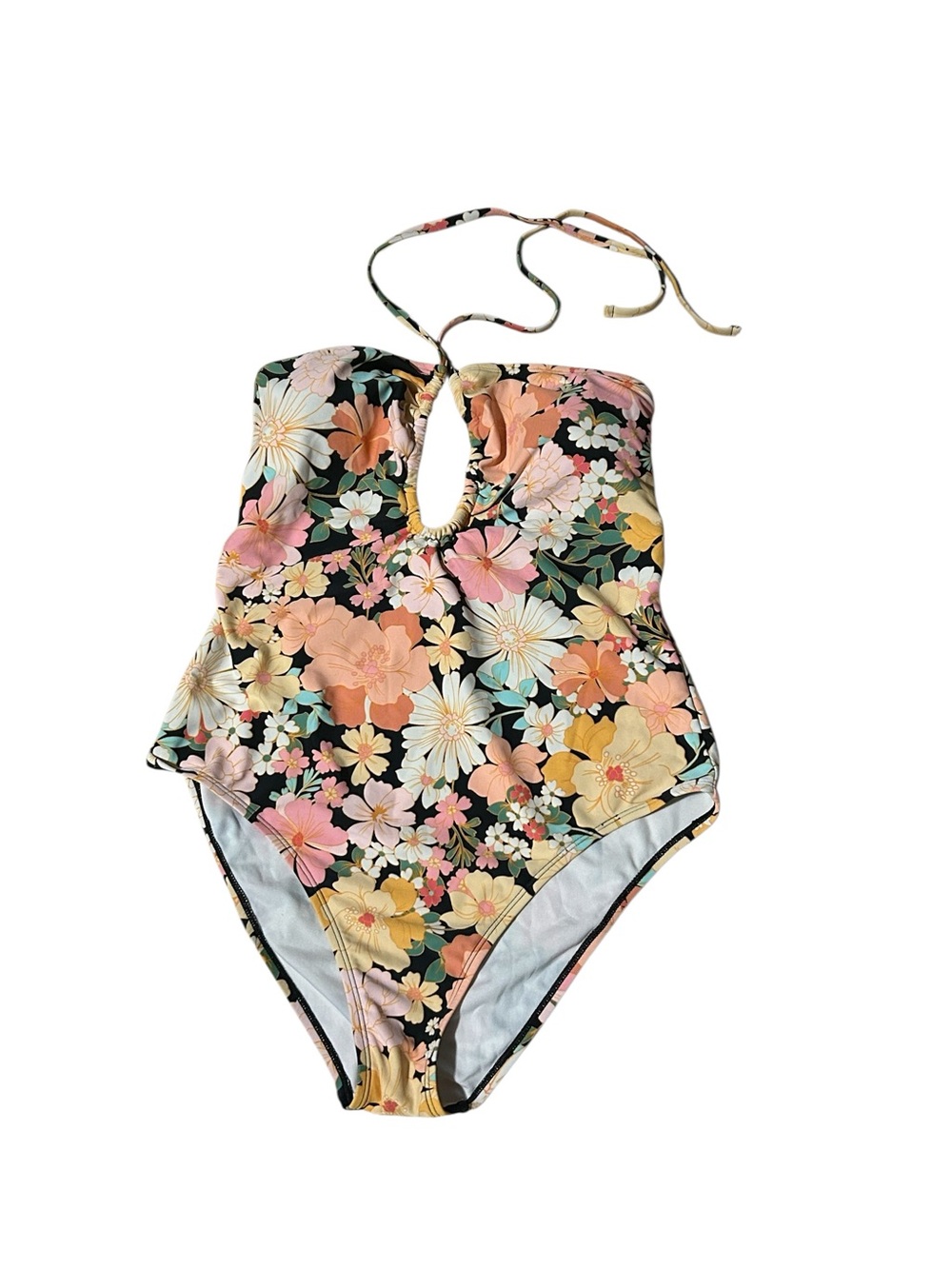 Shade & Shore Black Floral One-Piece Swimsuit with Peach and Yellow Blooms